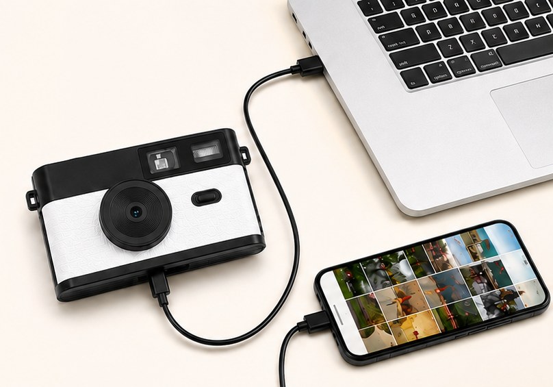 Kiekcam aangesloten via USB-C kabel op een laptop en een telefoon, foto's worden overgezet